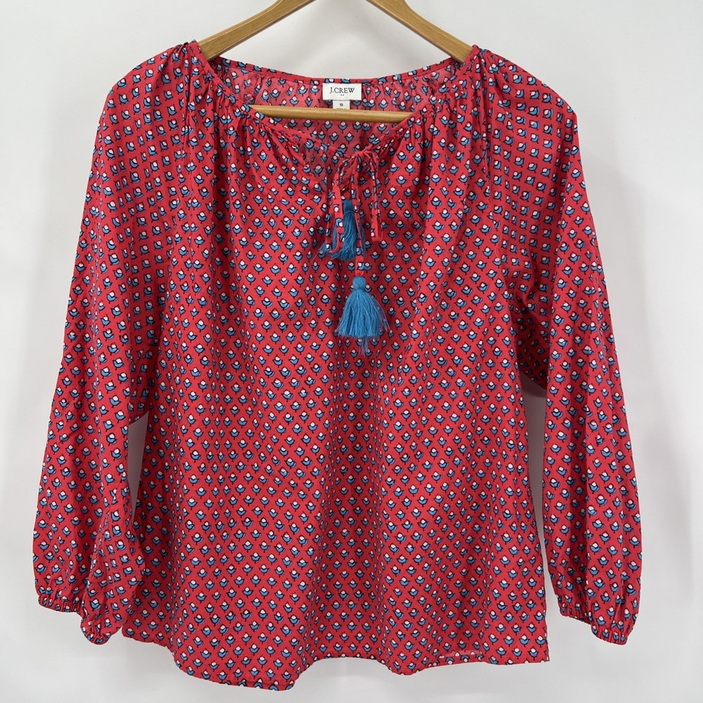 J.Crew Re-Imagined Red Floral Tassel‎ Tie Peasant Blouse Top Small Cotton